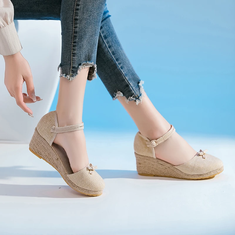 外贸坡跟凉鞋女百搭时尚透气搭扣草编凉鞋夏季旅游高跟韩版凉鞋女
