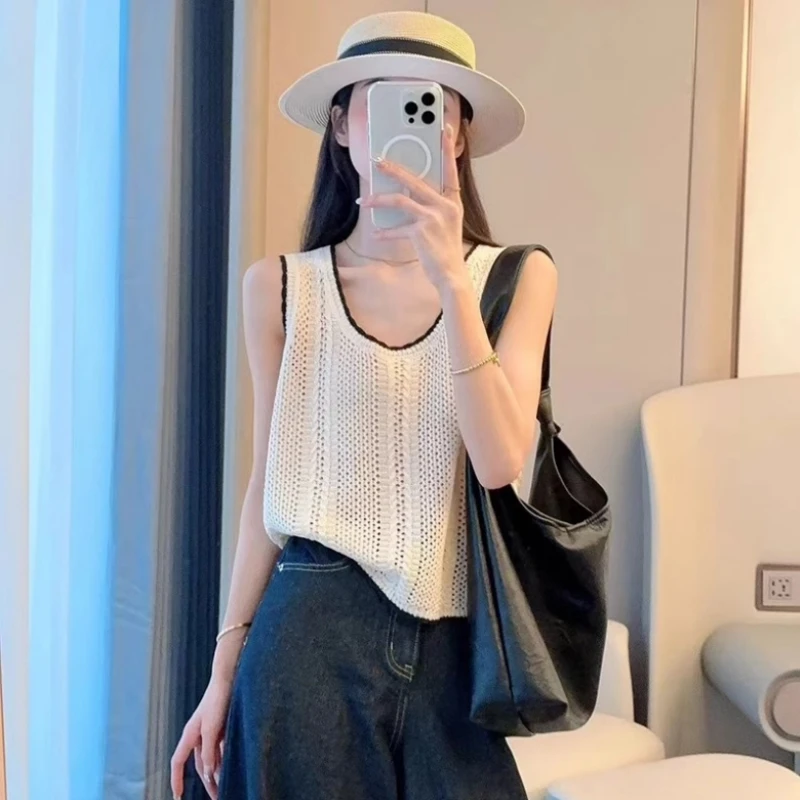 镂空冰丝针织吊带背心女夏季薄款外穿小众宽松显瘦无袖别致上衣
