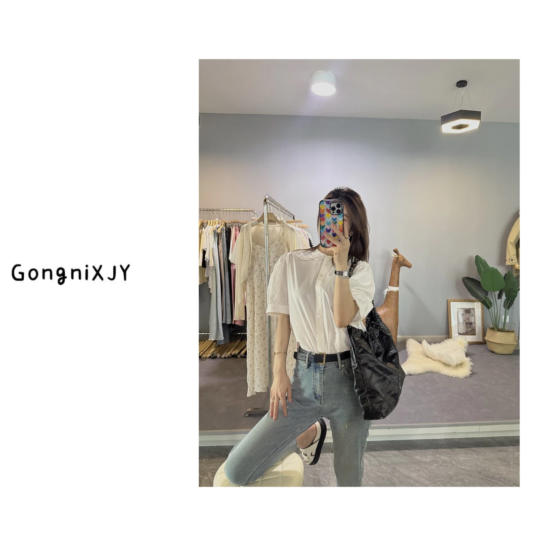 【LINA·GXY】白色蕾丝领打底半袖衬衣气质衬衫休闲时尚纯色夏季