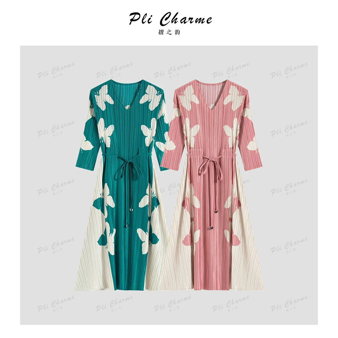 【摺之韵专属】春夏新款高定KK褶时尚轻奢气质显瘦印花连衣裙#60035