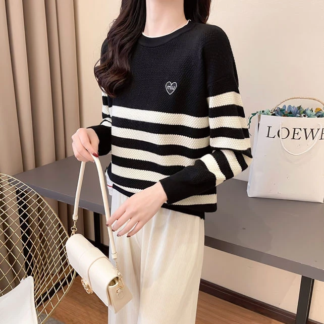 【女婿家】秋季爆款条纹百搭宽松针织衫透气罩衫圆领长袖外套上衣