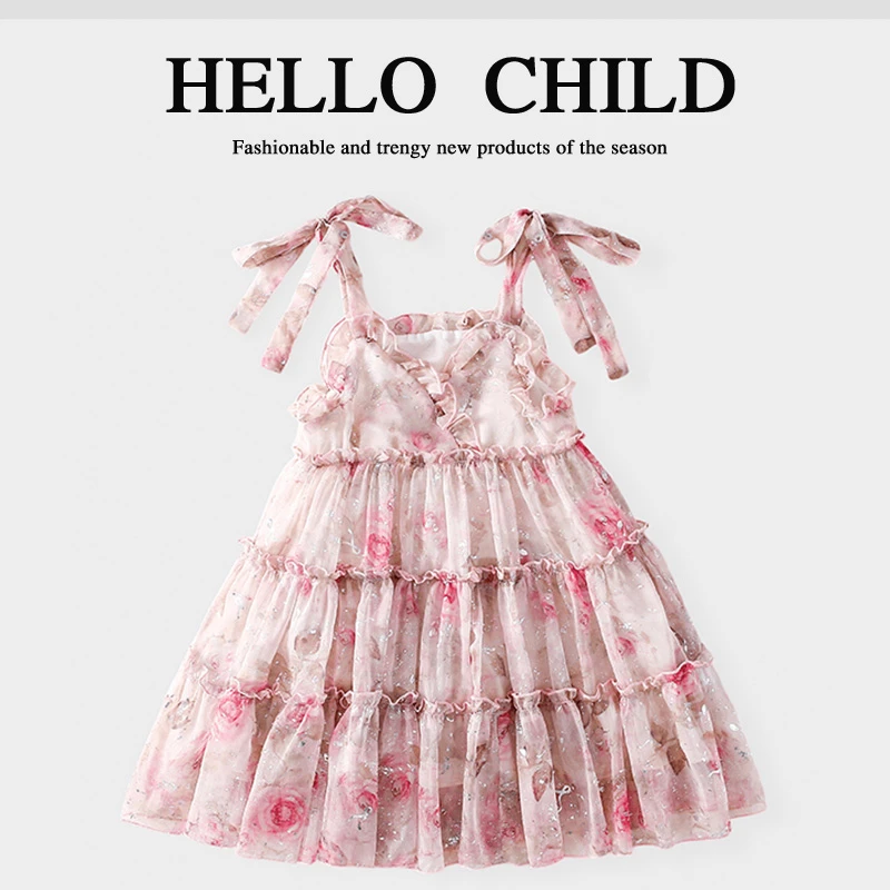 女童夏装2024新款小童女装洋气碎花裙中大童吊带连衣裙HC117