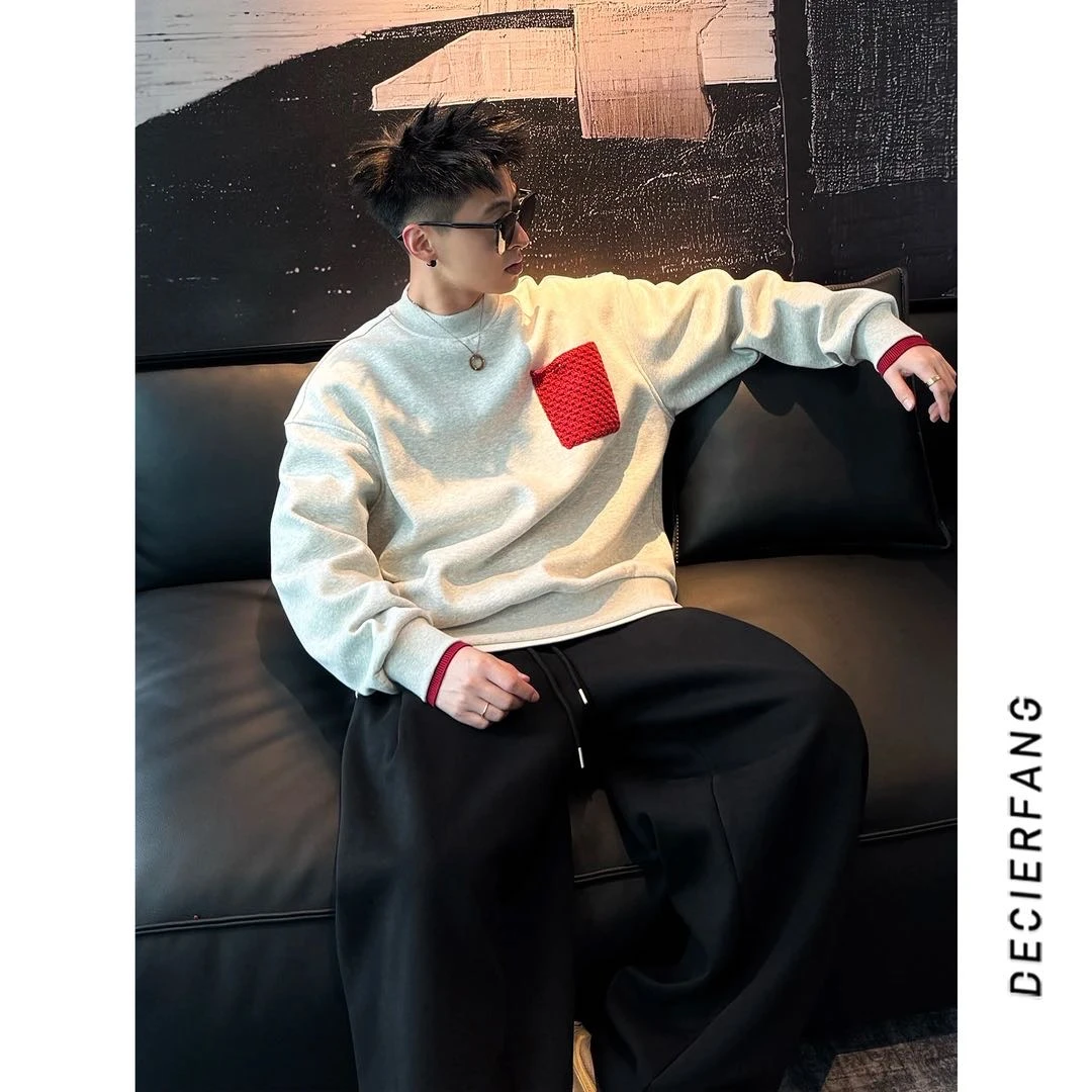 秋冬圆领套头新款纯棉重磅卫衣男新款休闲百搭针织口袋长袖潮牌风