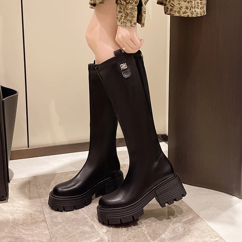 秀识【反季清仓】秋冬款时尚百搭厚底增高瘦瘦靴软皮薄绒修身时装靴