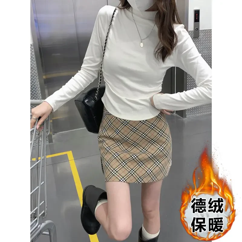 德绒半高领打底衫女 秋冬内搭不规则褶皱长袖T恤高级感加厚小上衣