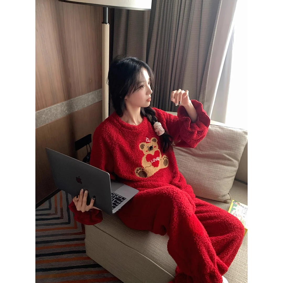 圣诞小熊睡衣女秋冬款半边绒本命年保暖加厚安哥拉红色喜庆家居服