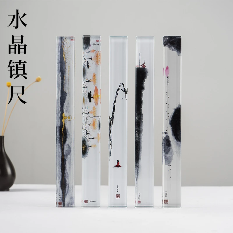 国风高清水晶镇尺压尺文房四宝国潮书法压纸创意毛笔摆件艺术镇纸