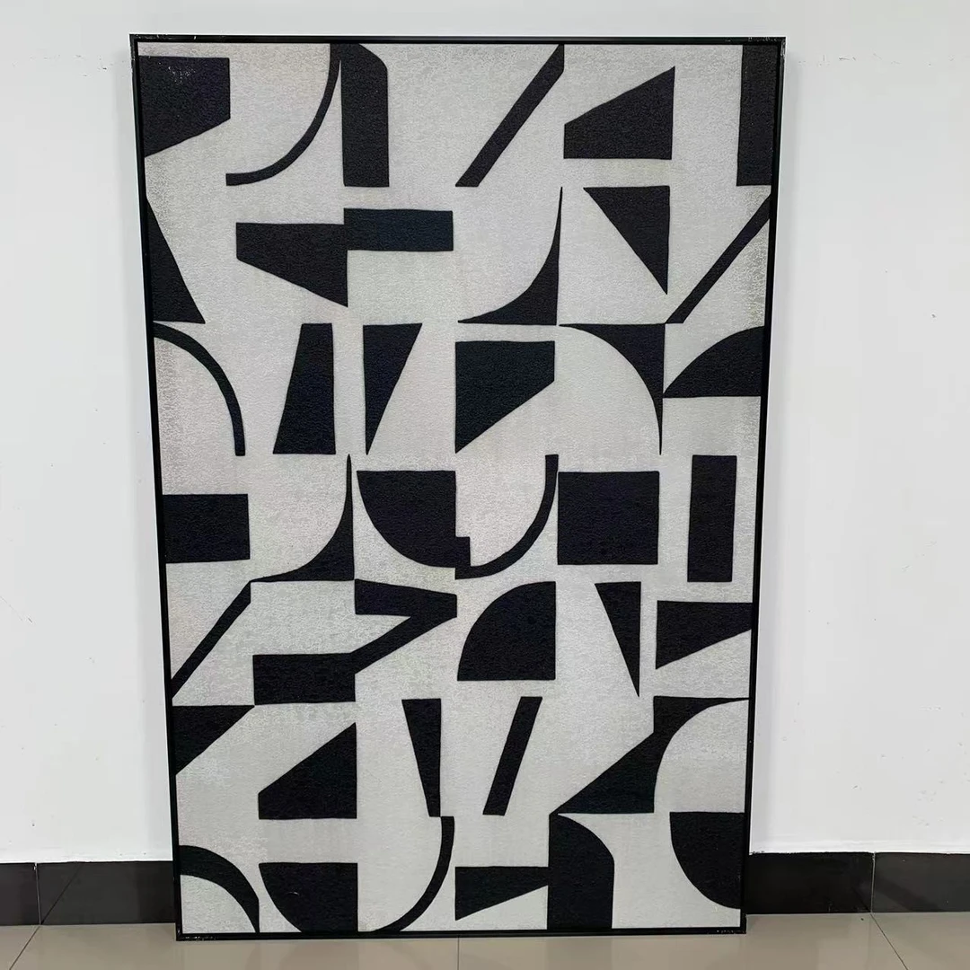 高端手工砂岩装饰画客厅沙发背景墙走廊玄关简约黑白风格子80120