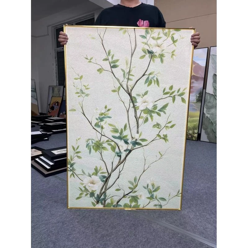 新中式客厅装饰画原木风玄关大尺寸沙发背景墙玉兰绿植80120