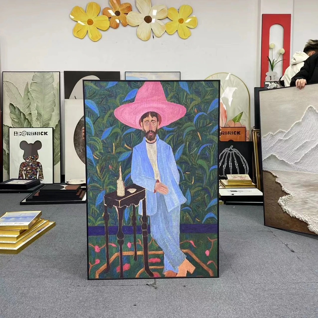 小众粉红帽子西部人物高级感装饰画复古创意画客厅挂画人物80120