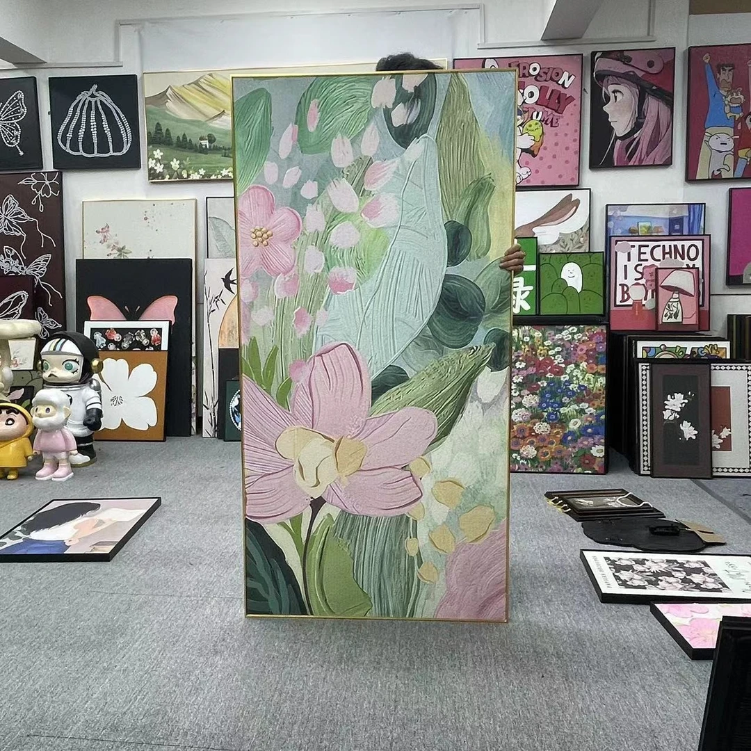 原木风入户玄关装饰画砂岩抽象花卉走廊过道背景墙挂画80160