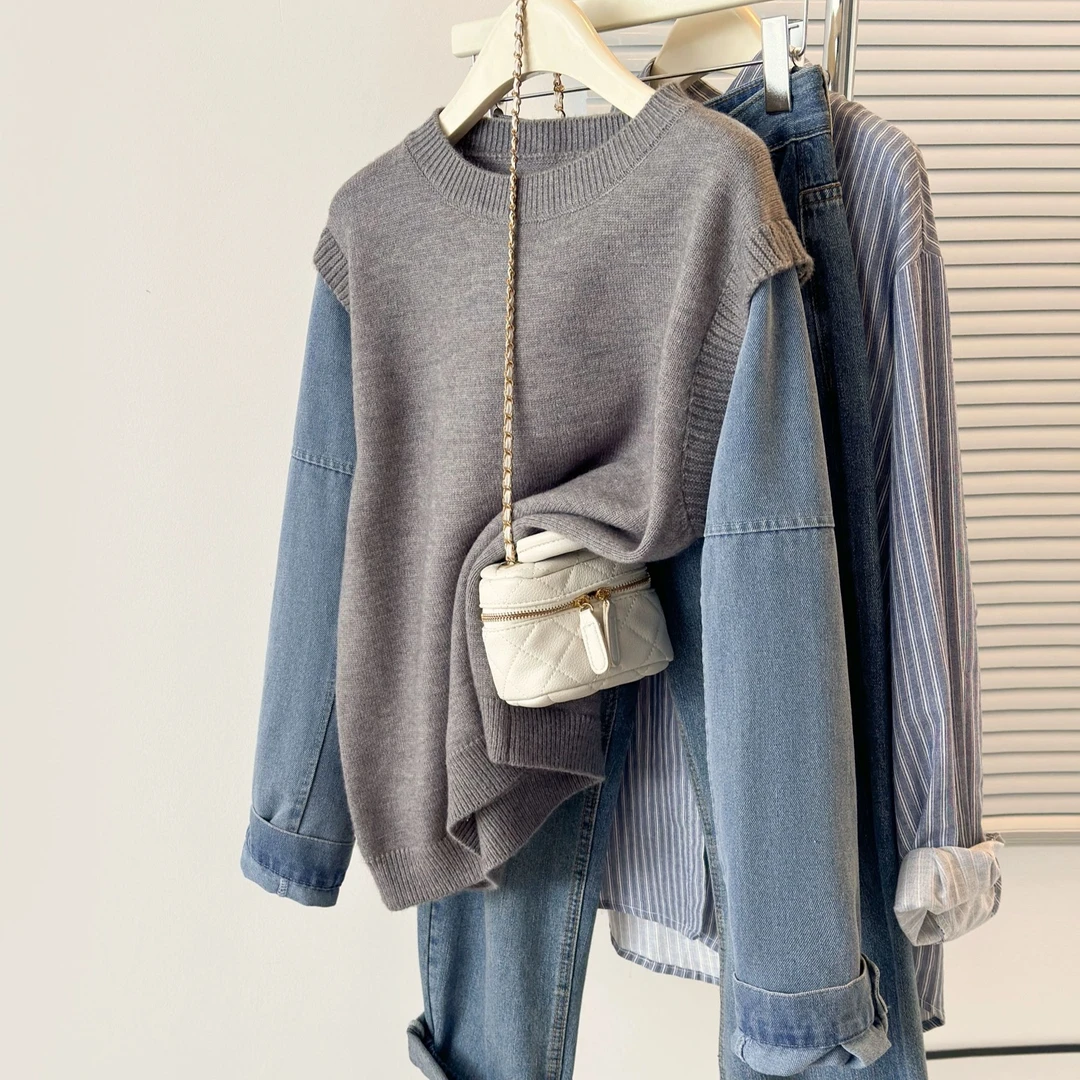 【运费补贴】慵懒风灰色毛衣设计感假两件上衣牛仔袖拼接针织衫A104