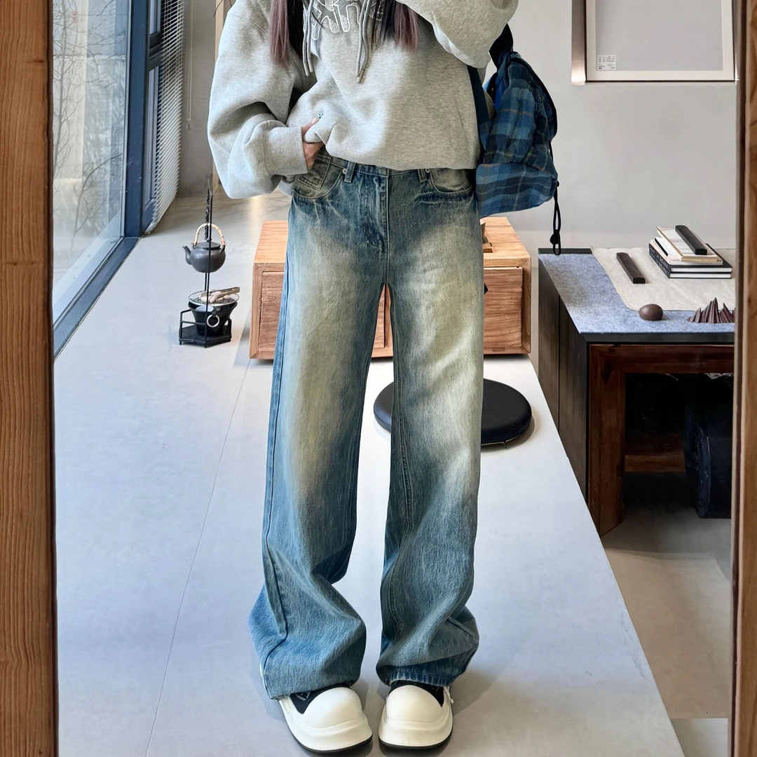 JADEQILIN美式重工闪电纹渐变水洗蓝微喇牛仔裤美式复古情侣潮裤