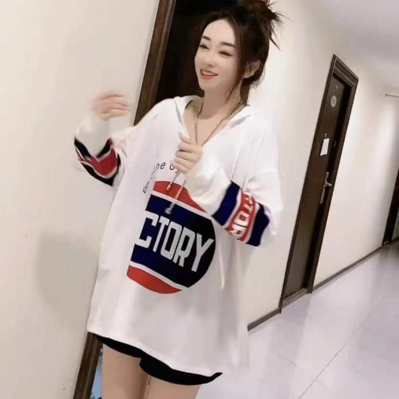 反季清仓字母印花套头T恤长袖上衣春秋连帽洋气宽松中长款t体恤衫