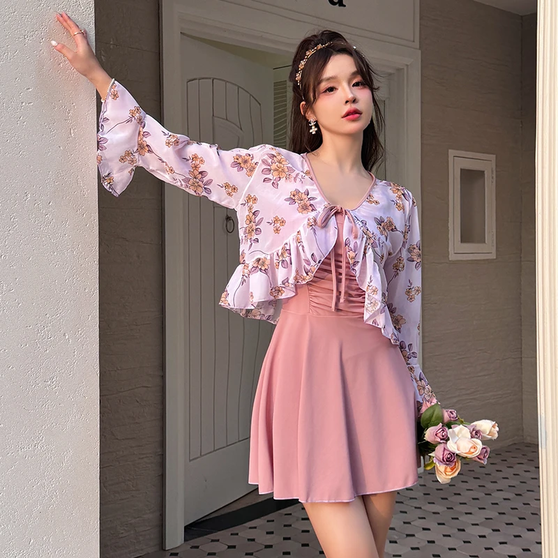 捷舒奇姿【2023新款】带外搭裙式连体温泉泳衣大码时尚气质小胸保守