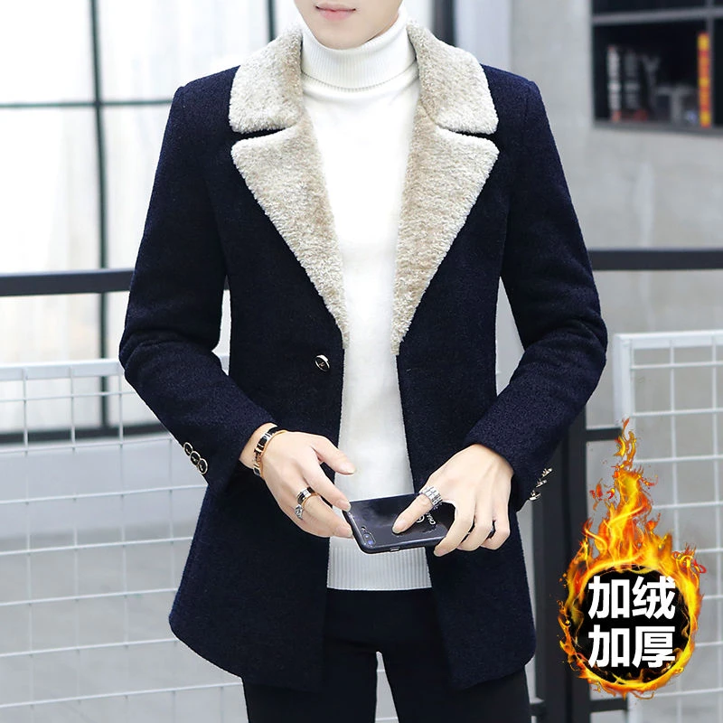 冬季毛呢男加绒加厚中长款风衣男士韩版呢子大衣青年潮流西装大衣