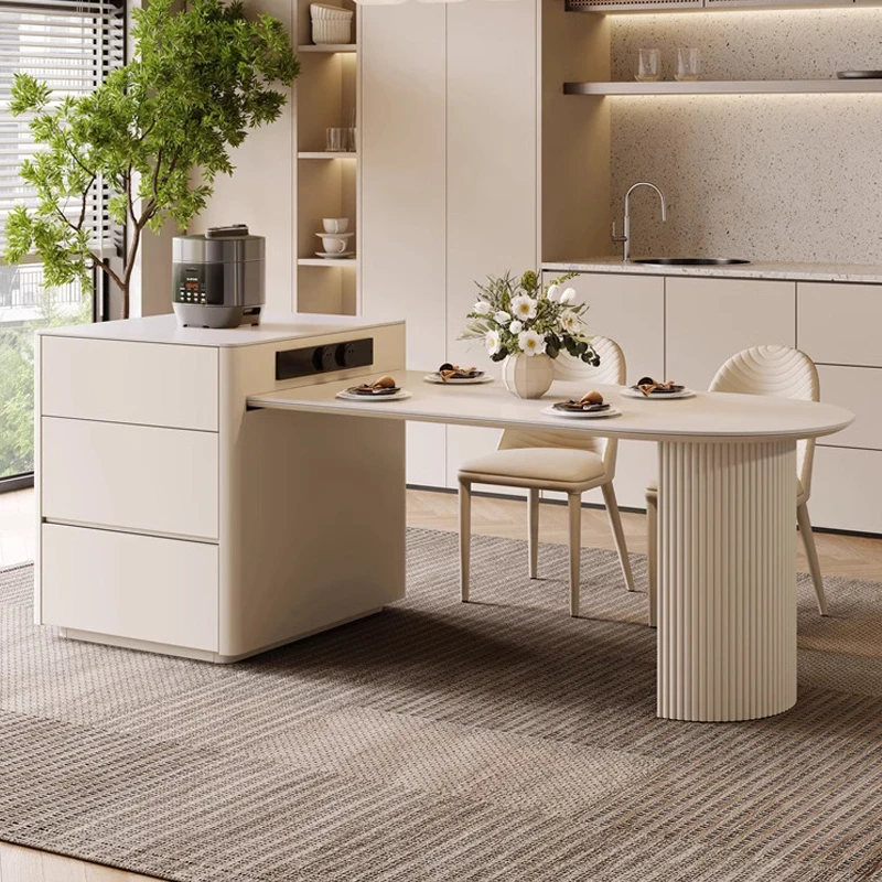 轻奢风家用高端一体可伸缩岩板岛台餐桌多功能半圆弧形家用中岛台