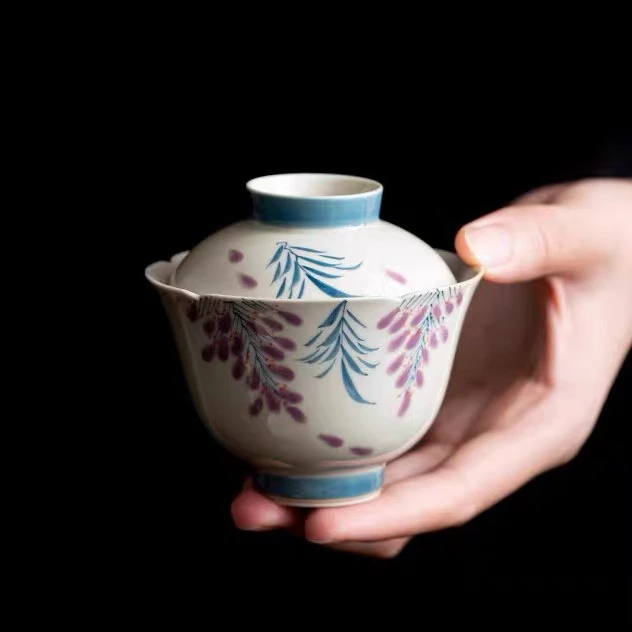 复古陶瓷釉下彩手绘茶具紫藤花小盖碗手绘主人杯手绘茶壶手工葵口