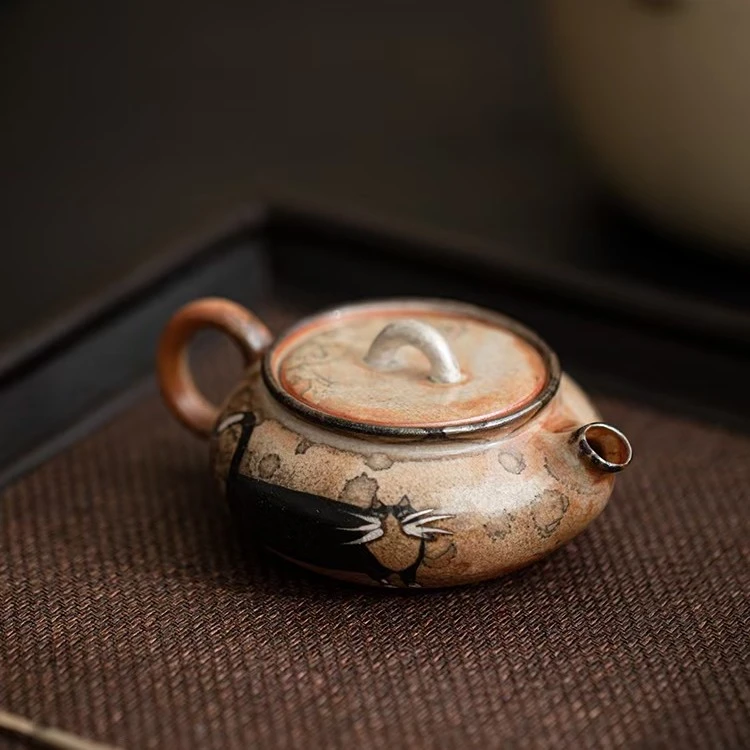仿古志野柴烧猫咪壶手绘描银小扁茶壶纯手工陶瓷小茶壶