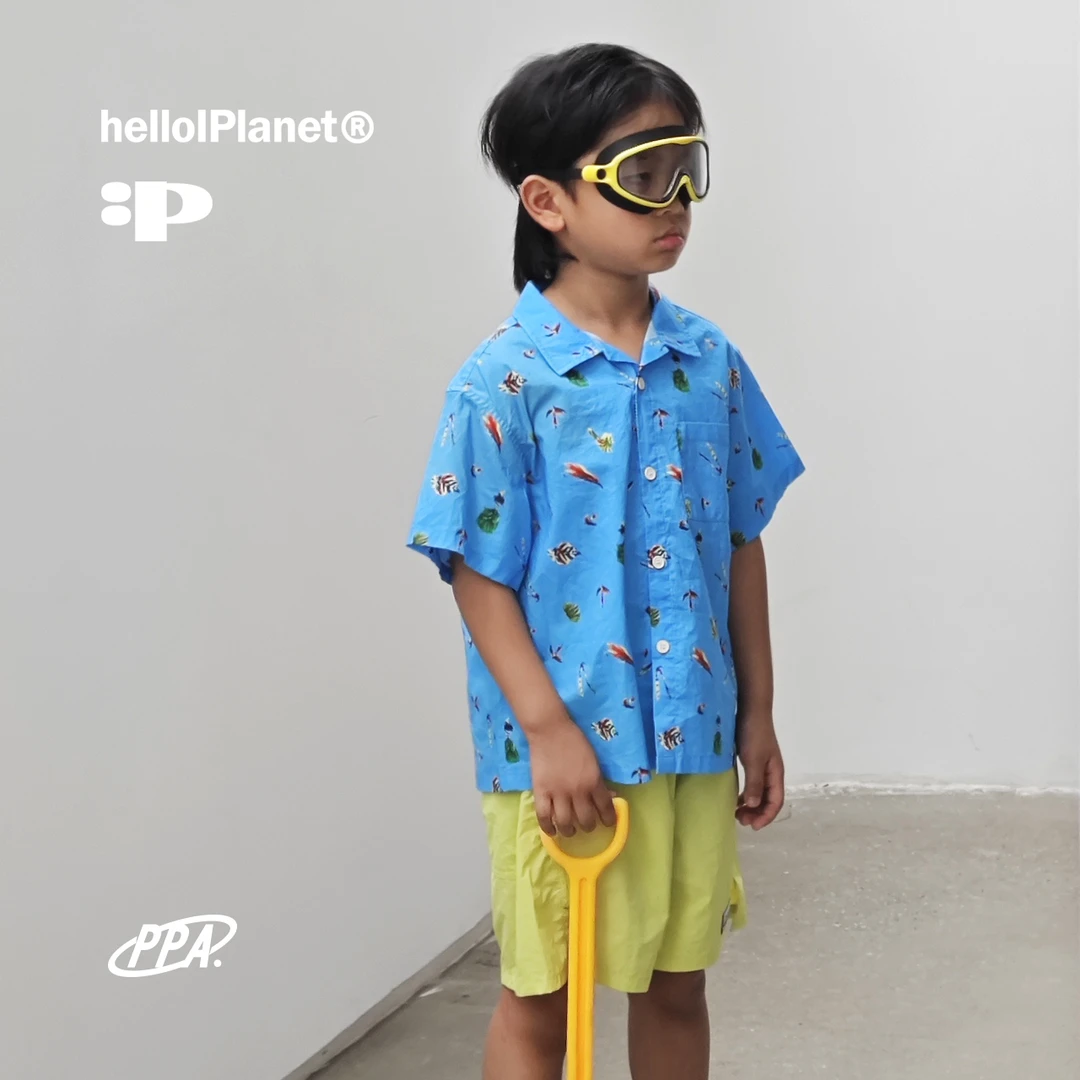 ppapa 现货路亚印花短袖沙滩海边度假儿童ol时尚轻薄衬衫 913633
