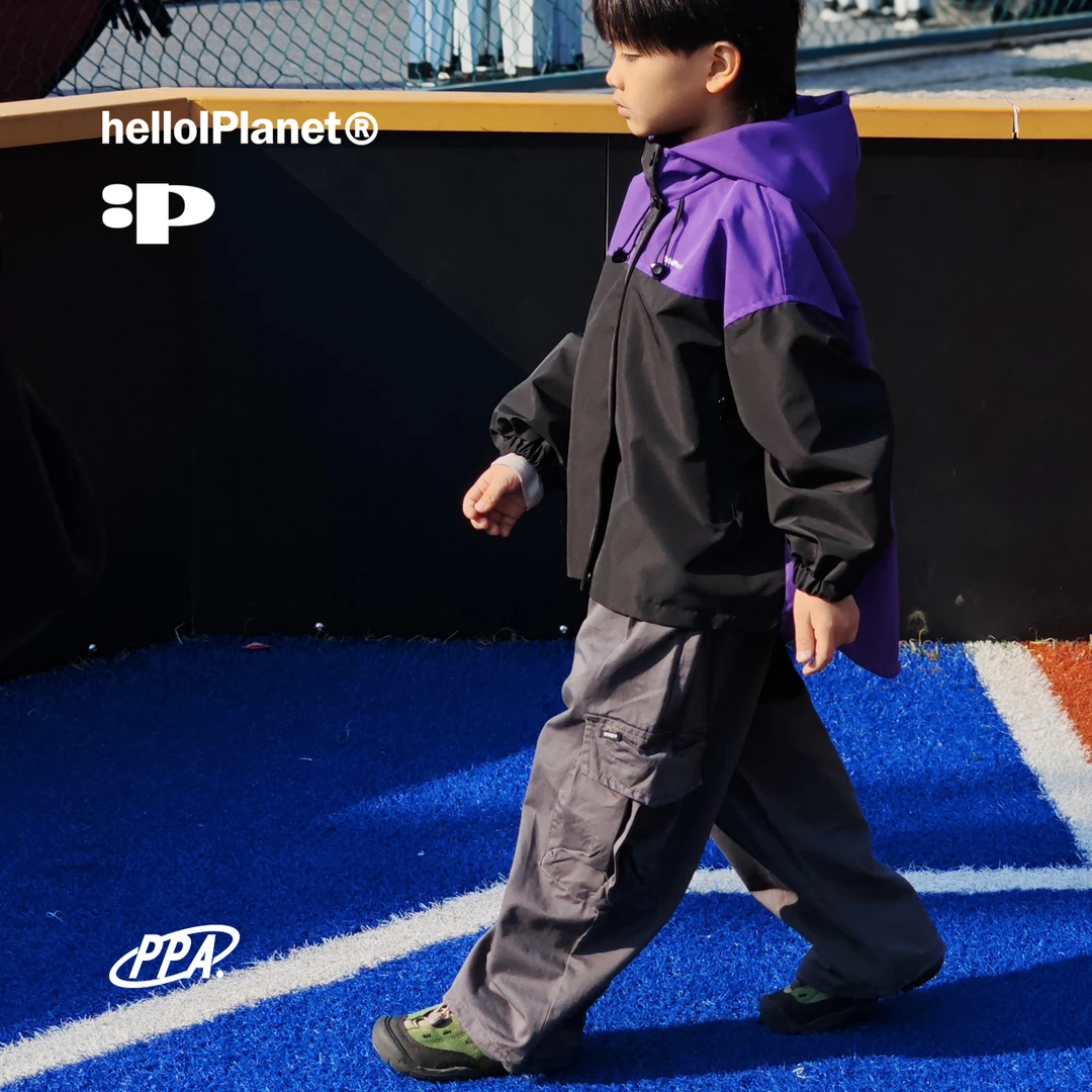 ppapa 拼接运动防风拒水连帽撞色梭织宽松风衣外套儿童 S-QC9037