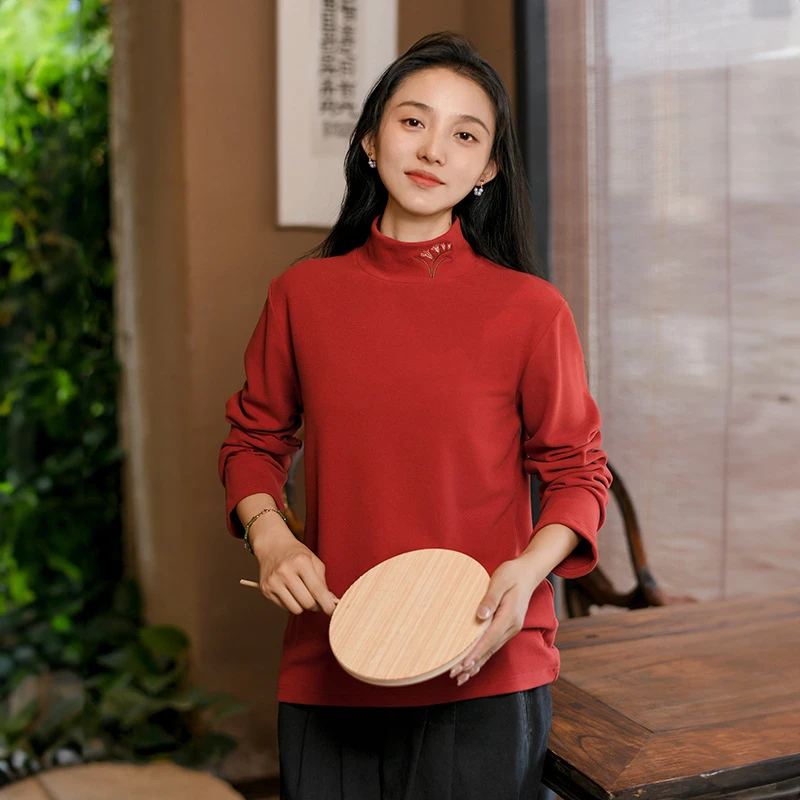 女士秋冬新款半高领打底衫可长袖外穿百搭刺绣保暖内搭上衣中国风
