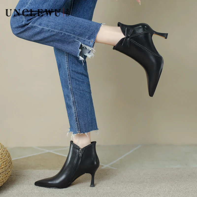 吴大叔秋冬新款时尚女靴气质尖头细跟短靴百搭蝴蝶结真皮高跟靴子
