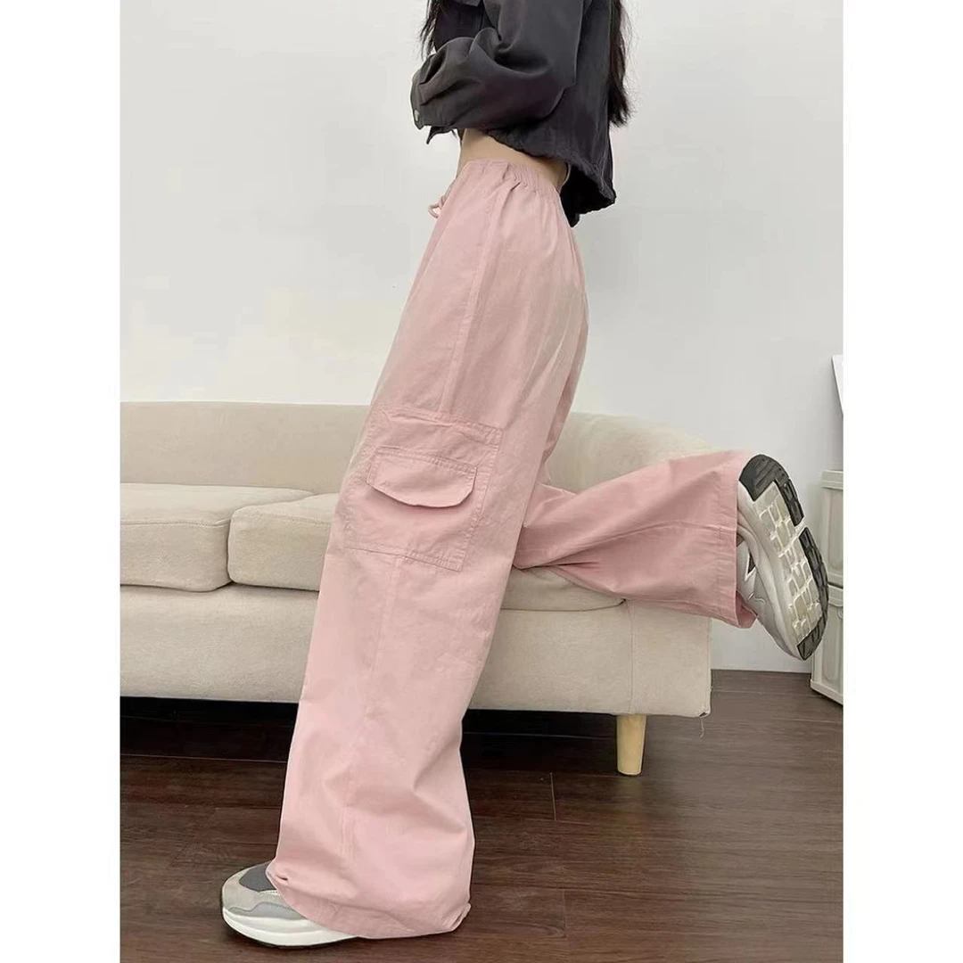 粉色辣妹跳舞工装裤女夏季美式高街休闲直筒阔腿宽松抽绳高腰裤子