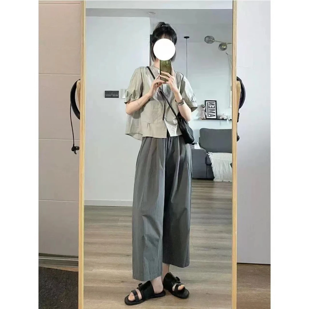 水洗棉夏季早秋宽松休闲显瘦百搭褶皱阔腿九分气球裤