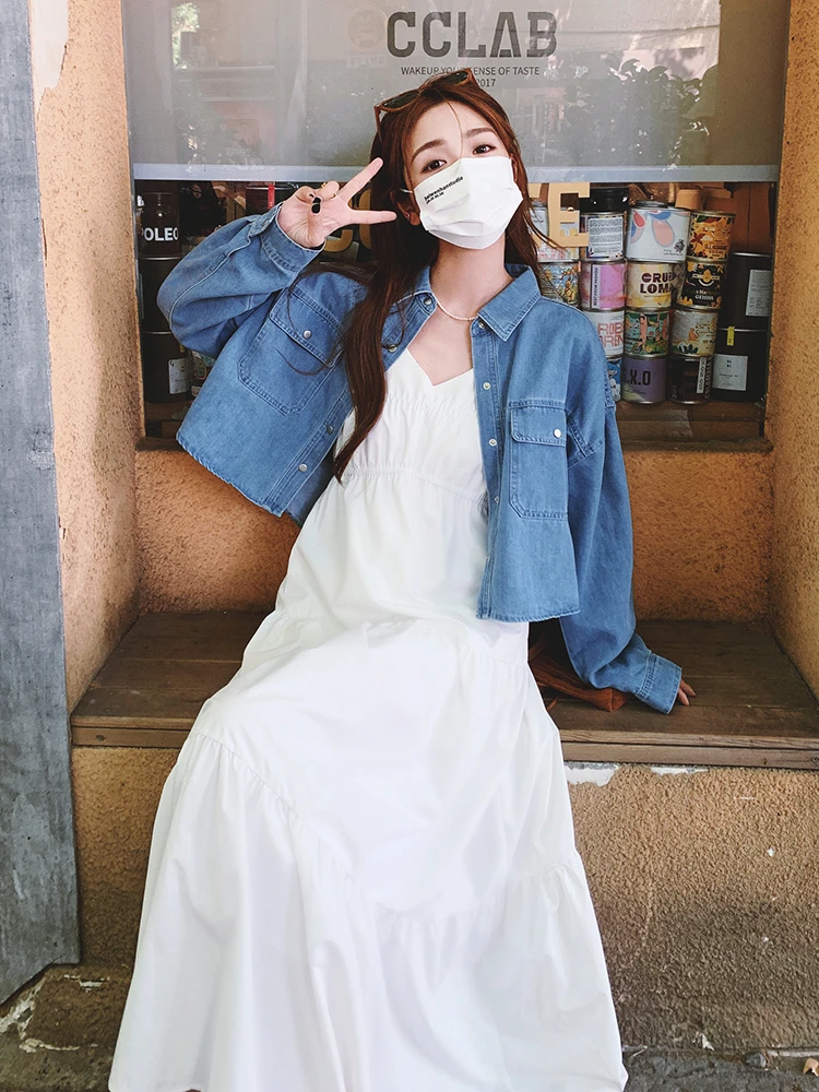 2024春秋季新款韩系流行休闲牛仔外套温柔风吊带连衣裙两件套装女