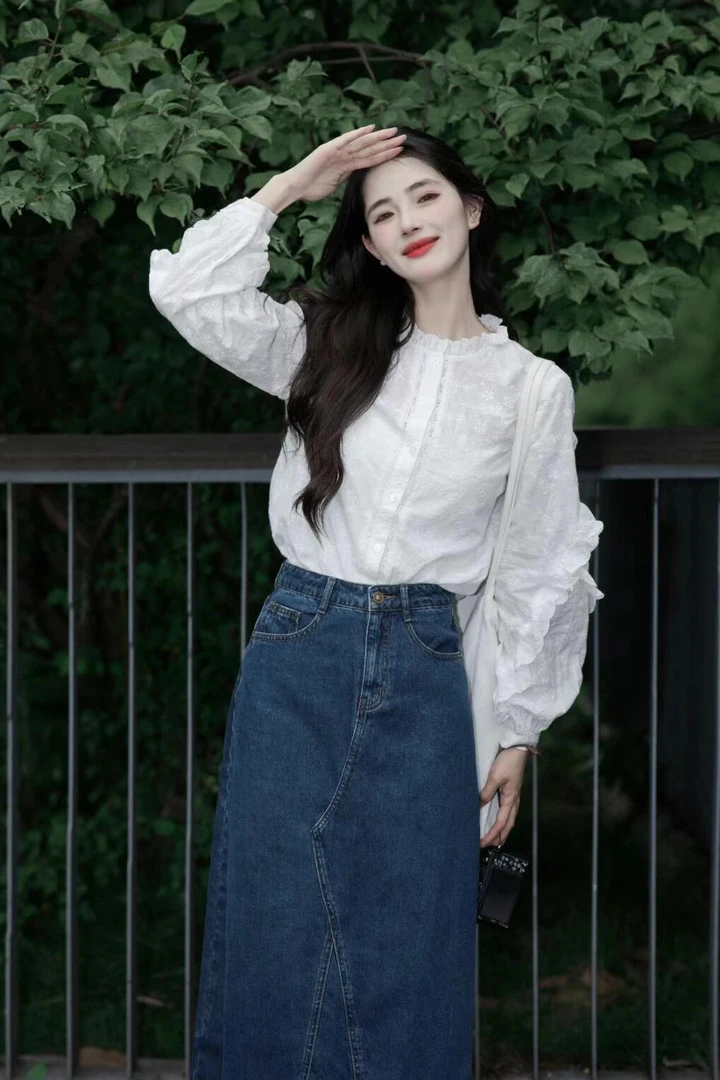 2024新款早秋休闲简约气质上衣搭配牛仔半身裙显瘦百搭时尚两件套