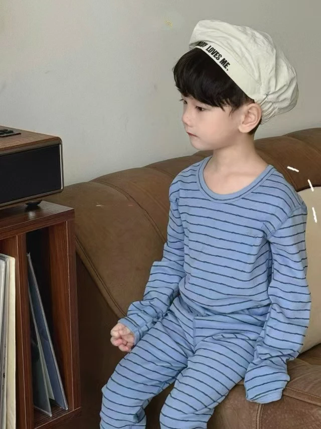 8312中大童2024新款冬季保暖内衣纯棉舒适透气条纹家居服