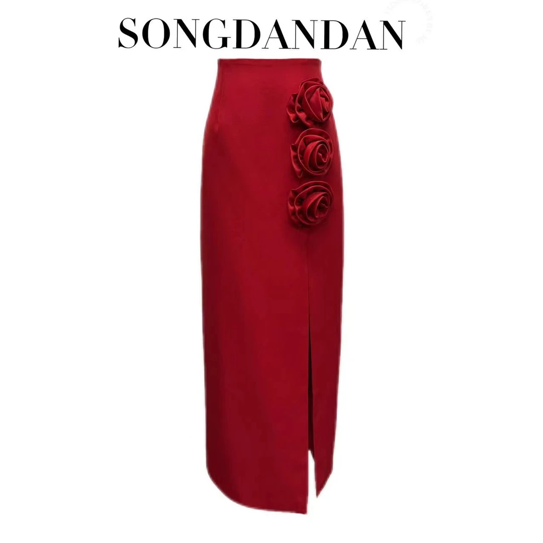 【DDS】夏款轻奢时尚气质显瘦花朵秋冬半身裙开叉包臀裙子