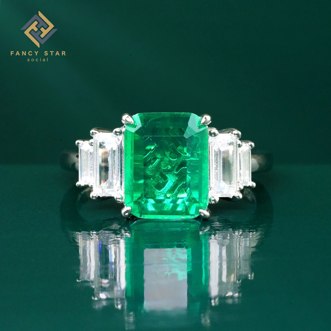 FANCY STAR 925银合成锆石戒指 3ct祖绿简约时尚气质经典设计戒指