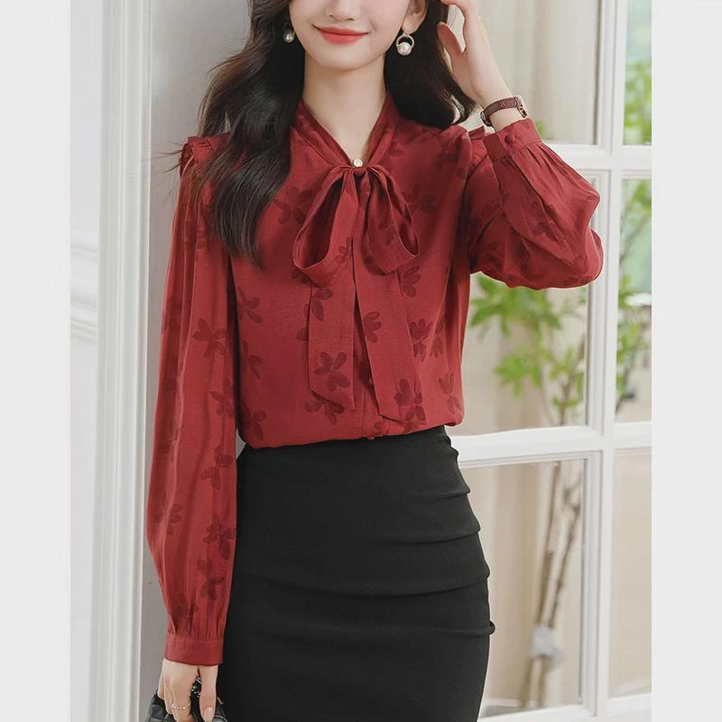 蝴蝶结印花长袖雪纺衬衫女秋装2024秋季新款女士衬衣洋气小衫上衣
