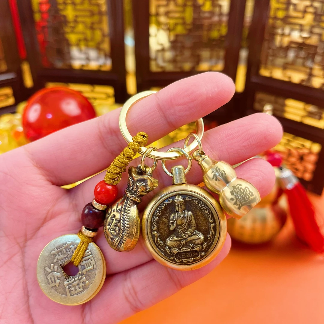 【精品推荐】黄铜十二生肖刻字葫芦五帝钱复古腰扣八大旋转挂件解压