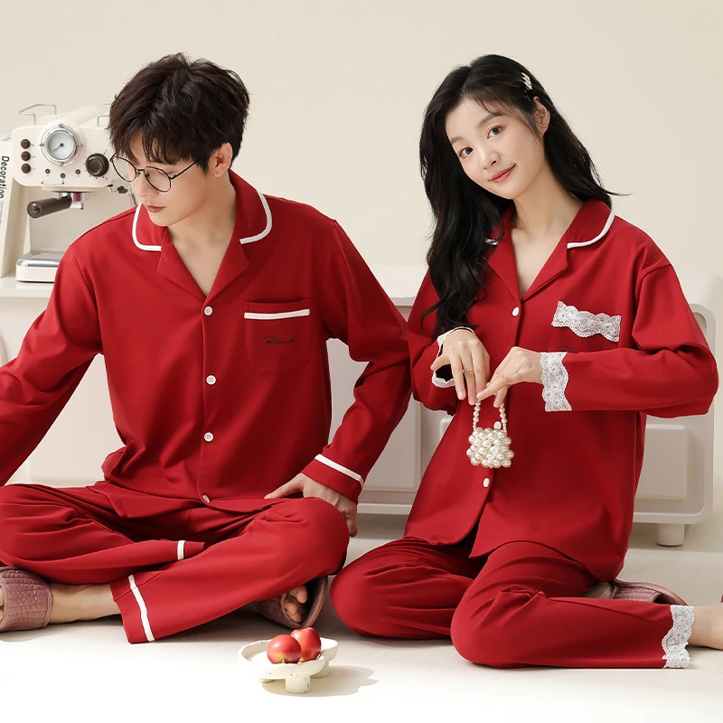 莉莉家睡衣情侣宽松加厚纯棉绣边喜庆红长袖开衫家居保暖睡衣套装