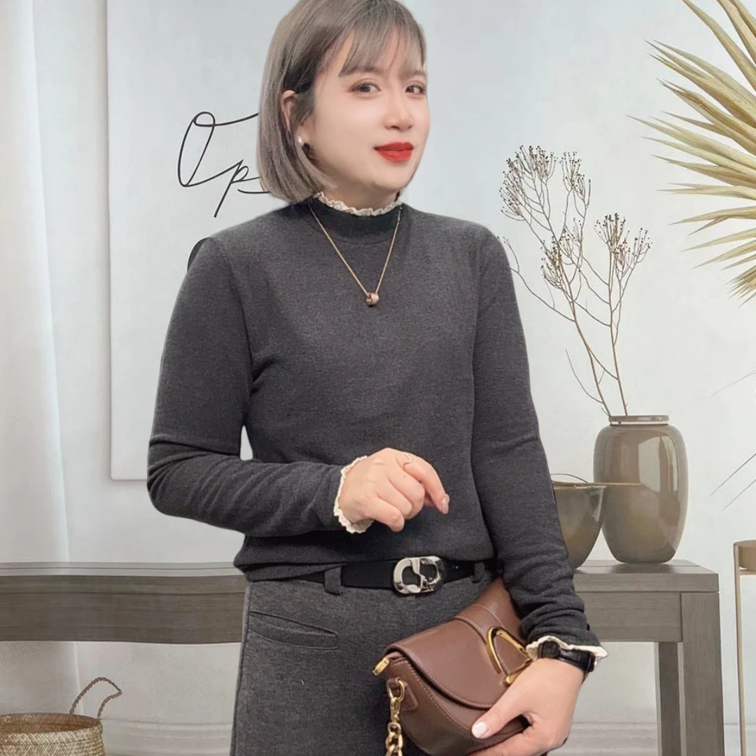 德绒设计感花边内搭双面绒长袖打底衫保暖显瘦长袖t恤衫上衣5572