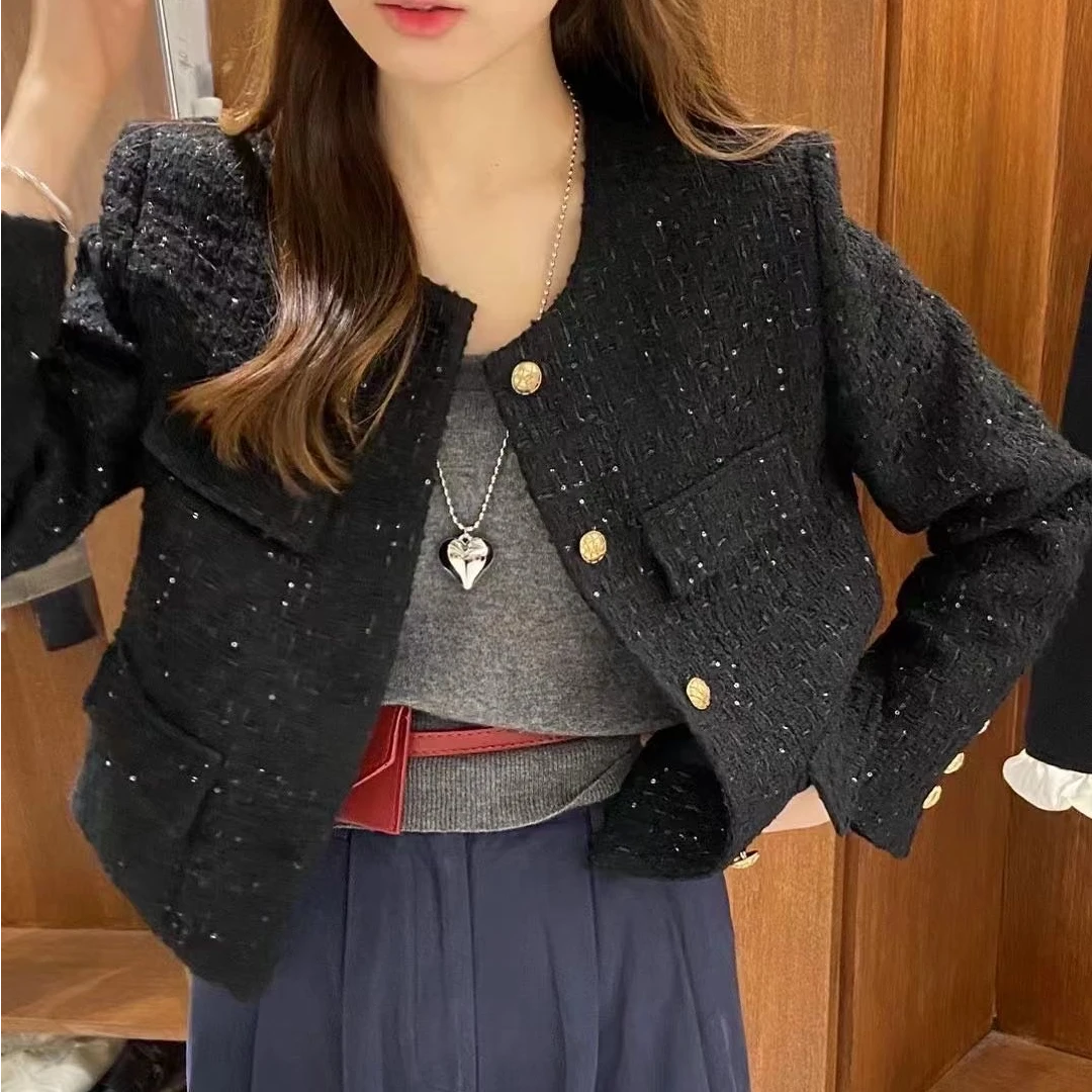 法式小香风外套女秋季新款名媛时尚气质圆领粗花呢上衣开衫潮8815