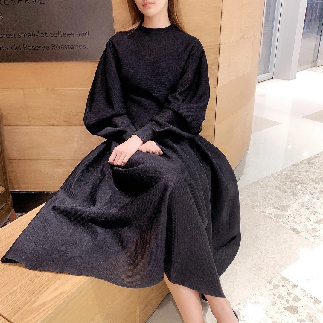 颜值冲破预设防线！黑色针织泡泡袖大摆裙中长款 衣长123 HH199