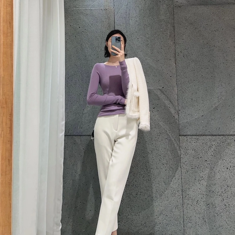 一字领针织打底衫气质百搭修身长袖纯色衣长59 款号RP3030