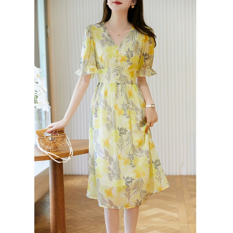 dme德玛纳【度假风印花仙女裙】2022夏季新款V领五分袖收腰连衣裙中