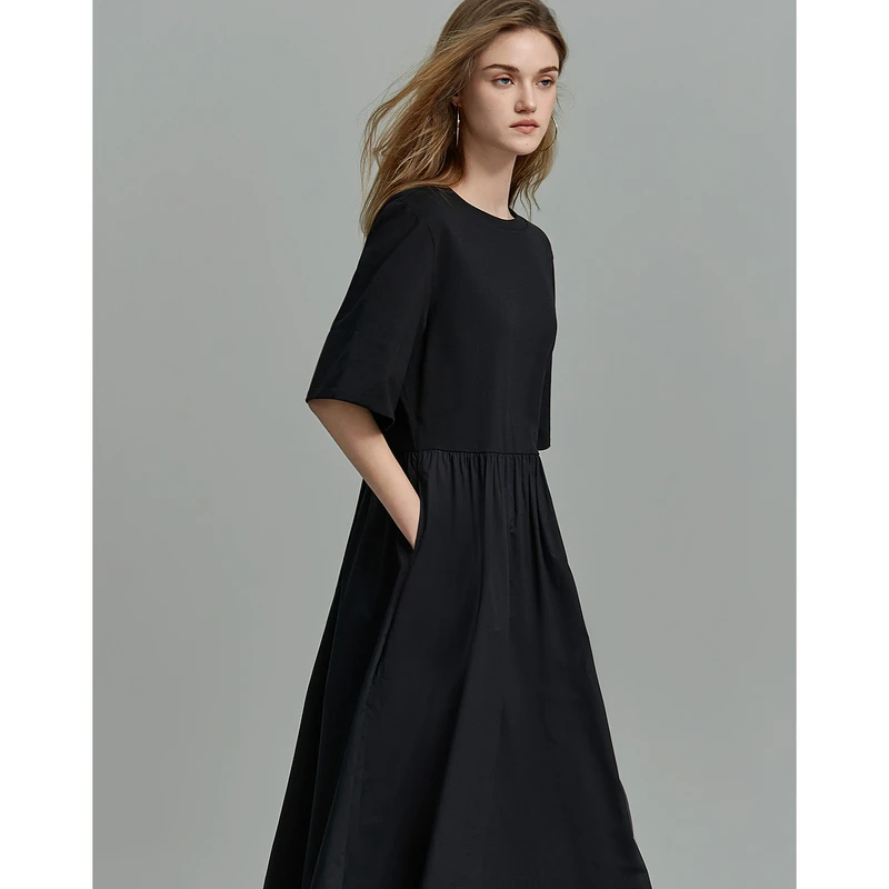 dme德玛纳【法式慵懒日常】夏新圆领t恤裙100%棉小黑裙a字连衣裙女