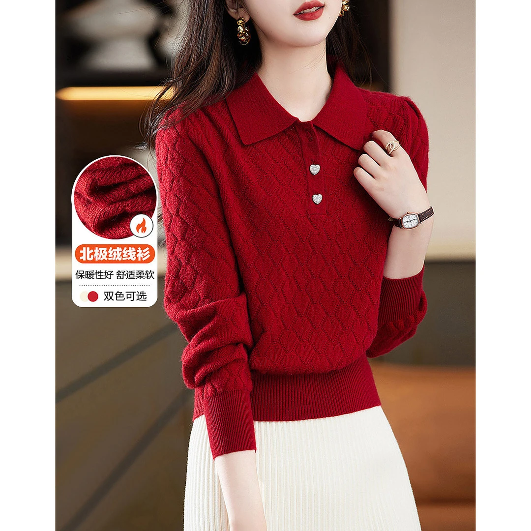 【乔姐专属】德·玛纳温柔洒脱翻领三粒扣线衫泡泡袖针织衫上衣