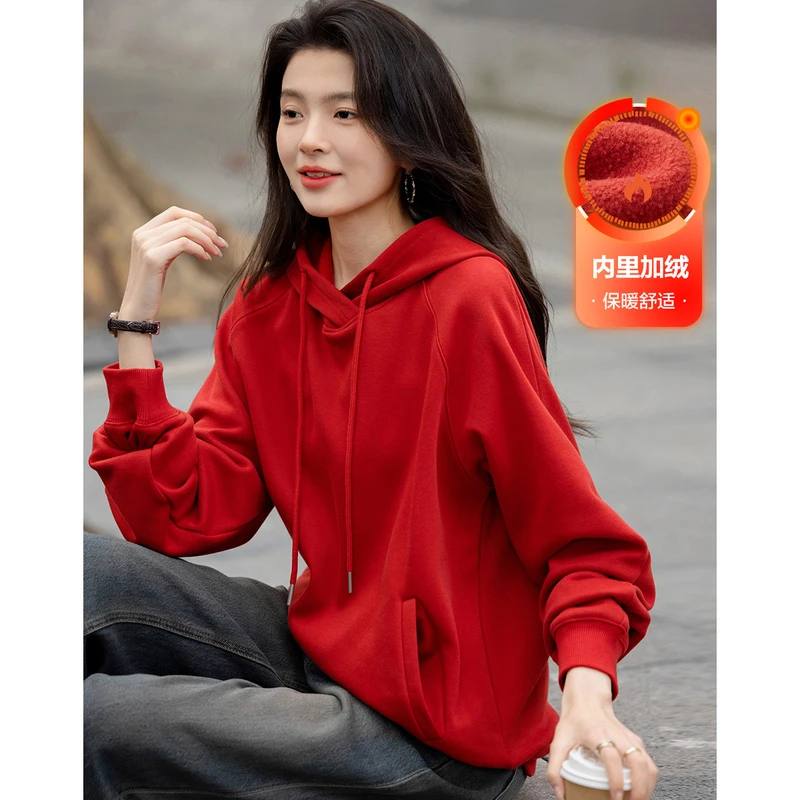 【商场同款新品】【350G奥莱绒】春季轻龄运动连帽加绒保暖卫衣女上衣