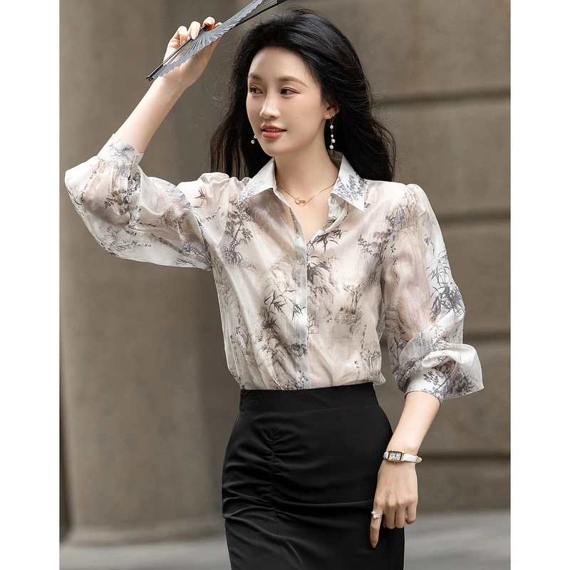 【黎老板专属】德·玛纳国风新中式轻薄莱赛尔混纺衬衫印花抽褶衬衣