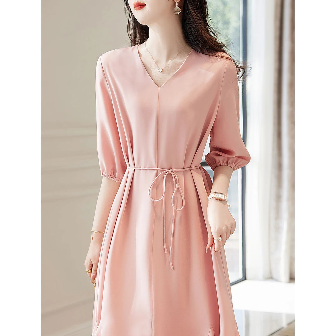 【通勤a字裙】2023秋季新款V领七分袖气质连衣裙女中长款