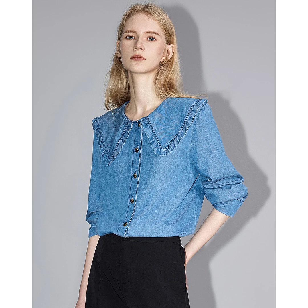 【小云总专属】德·玛纳牛仔衬衫新款大翻领长袖衬衣女装上衣