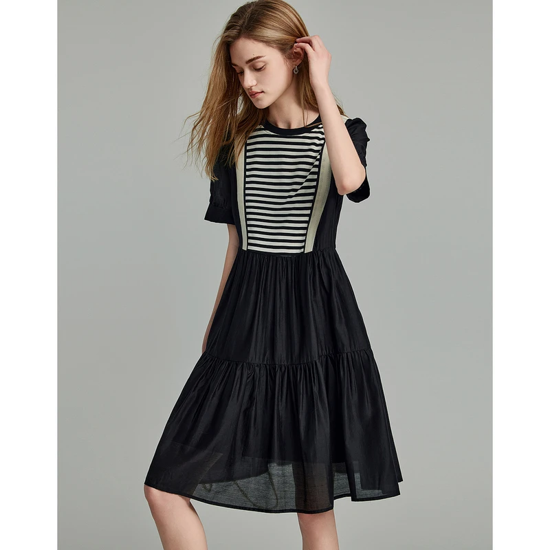 dme德玛纳【甄选鱼鳞天丝涤】圆领拼接条纹蓬蓬裙织带抽褶连衣裙中