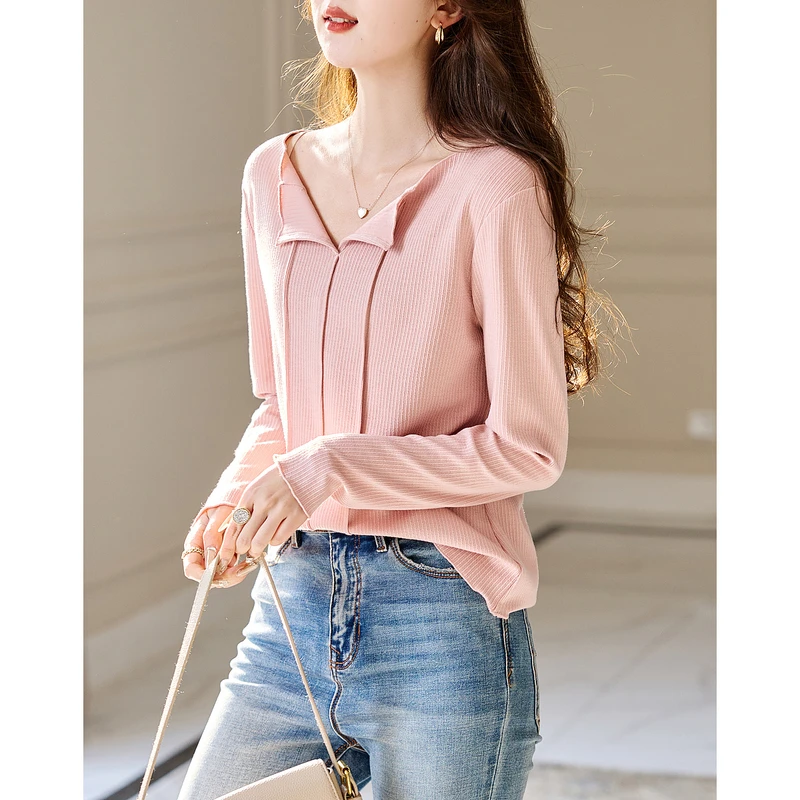 【重百专属】德·玛纳自然折边设计春圆领长袖弹力针织上衣女t恤